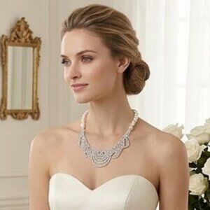 ALI KHAN bridal crystal allure bib necklace with pearls and gift box